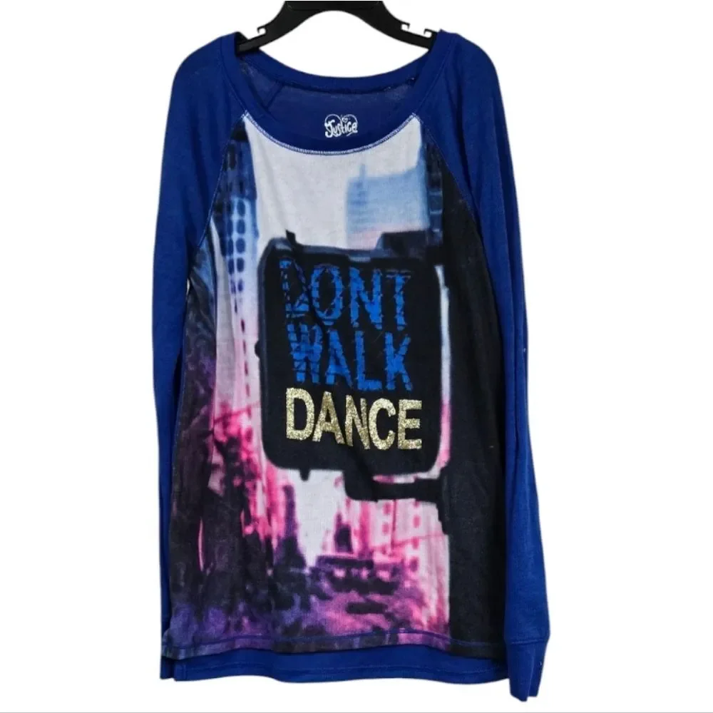 Justice Girls 12 Blue Glitter Dance Top Long Sleeve Knit Sweater Graphic Tee